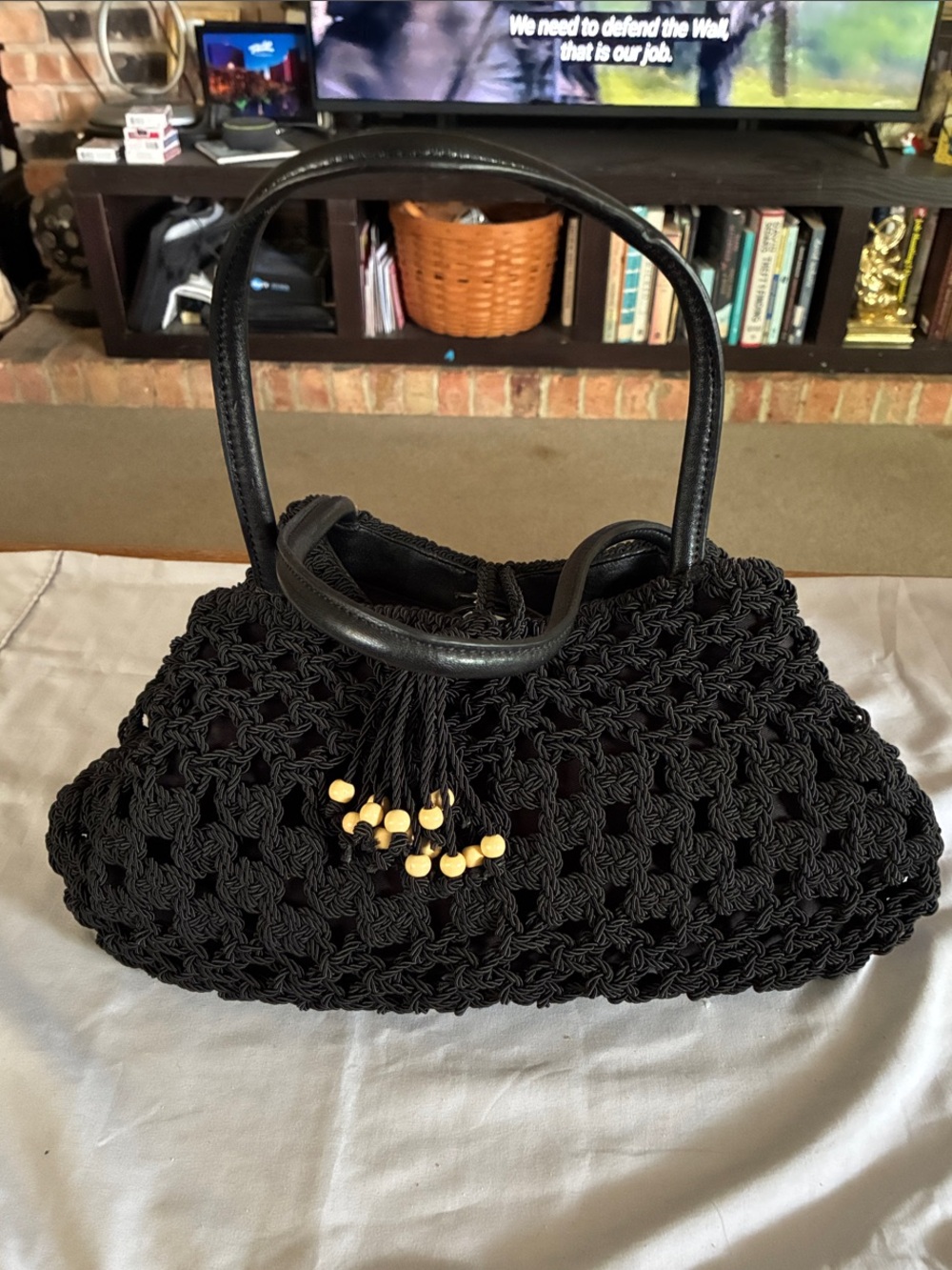 Coldwater Creek Black Hand-Knit Crochet Tote Bag with Wooden Bead Tassels